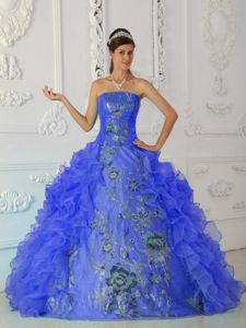 Exquisite Blue Strapless Embroidery and Ruffled Layers Quinceanera Dress