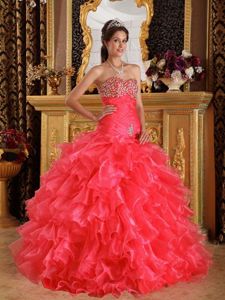 Exclusive Red Sweetheart Organza Beading and Ruffled Quinceanera Dress