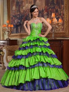 Spring Green Sweetheart Taffeta and Organza Beading Quinceanera Gown Dresses
