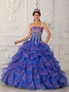 Blue Strapless Organza Beading and Appliques Quinceanera Dress in Amherst