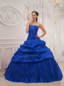 Blue Strapless Taffeta Quinceanera Dress with Beading and Ruching in Albany