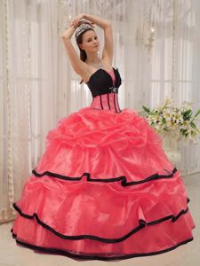 Red and Black Strapless Satin and Organza Beading Quinceanera Dress in Taos