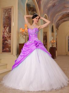 Fuchsia and White A-Line Sweetheart Beading Tulle and Taffeta Quinceanera Dress
