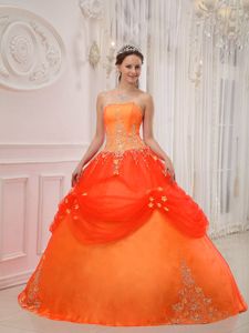 Orange Red Strapless Taffeta and Tulle Appliques Quinceanera Dress in Teaneck