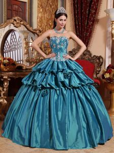 Teal Ball Gown Sweetheart Appliques Quinceanera Dress with Hand Made Flowers