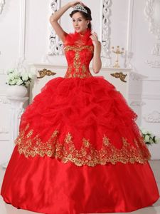 Red Halter Taffeta with Beading and Gold Appliques Sweet 16 Dress in Freehold