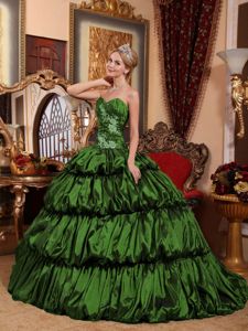 Dark Green Sweetheart Sweep Train Appliques and Pick-ups Quinceanera Dress