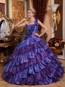 Purple One Shoulder Hand Made Flowers and Ruffled Layers Quinceanera Dress