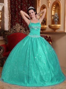 Turquoise Spaghetti Straps Sequined and Beading Quinceanera Dress in Edison