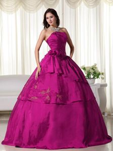 Fuchsia Strapless Taffeta Quinceanera Dress with Hand Made Flowers in Hanover