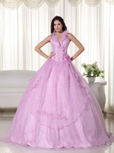 Hot Pink Halter A-line Quince Dresses with Ruffles and Flowers in Santa Rosa