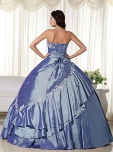 Hot Strapless A-line Quinceanera Gowns in Blue with Appliques and Flowers