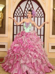 Ruffled Floor-length Quinceanera Gowns in Green and Pink with Appliques