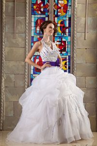 Halter Floor-length Quinceanera Gowns in White with Ruffles and Beading