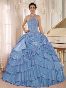 Tasty Halter Floor-length Cornflower Blue Sweet Sixteen Dress with Ruffles