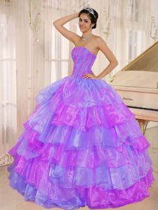 Purple Ruffled Strapless Floor-length Quinceanera Dress with Lace Up Back