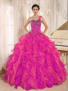 One Shoulder Beaded Hot Pink Sweet 16 Dresses with Ruffles in Estes Park