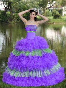 Ruffled A-line Strapless Quinceanera Gown Dresses in Purple with Sequins