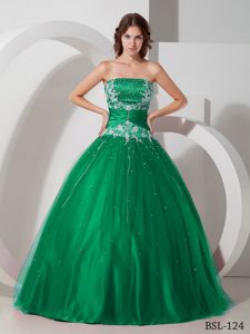 Strapless Floor-length Green Sweet 16 Dresses with Beading and Appliques