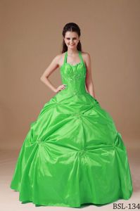 Latest Green Halter Top Floor-length Quince Dresses with Pick-ups in Stuart