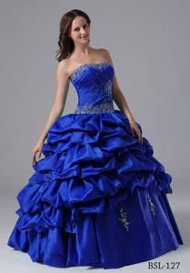 Beaded Strapless Floor-length Sweet 15 Dresses in Royal Blue with Pick-ups