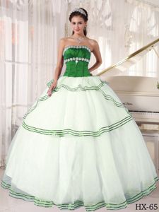 Strapless Floor-length Quince Dress in Green and White with Lace Up Back