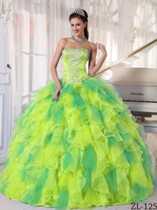 Yellow and Green Strapless Quinceanera Gowns with Ruffles in Kennesaw