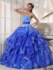 Cute Strapless Floor-length Organza Sweet 15 Dresses in Blue with Ruffles