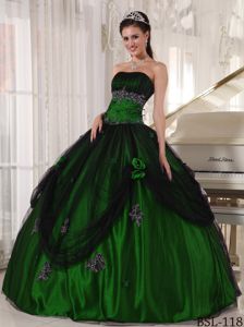 Strapless Floor-length Quince Dress in Dark Green with Appliques in Venice