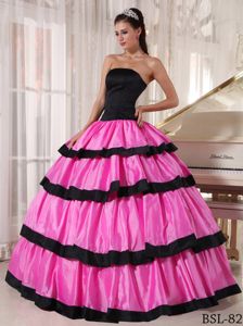 Ruffled Strapless Rose Pink and Black Quinceanera Gowns in Laguna Hills