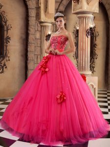 Coral Red Strapless Quinceanera Gown with Beading and Flowers in Chino