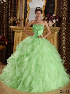 Strapless Apple Green Beaded Embroidered Sweet 16 Dresses with Ruffles