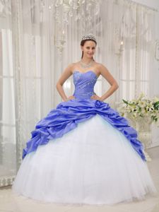 Lilac and White Sweetheart Beaded Tulle Sweet 16 Dresses with Pick Ups