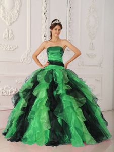 Strapless Green and Black Ruffled Impressive Quinceanera Dresses with Appliques
