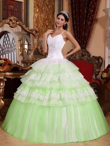 Attractive Straps Yellow Green and White Quinceanera Dresses with Ruffles