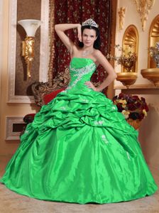 Apple Green Strapless Appliqued Exquisite Quinceanera Dresses with Pick Ups