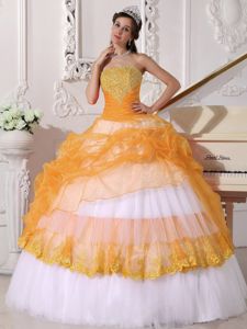 Strapless Orange and White Taffeta Sweet 15 Dresses with Appliques Ruffles