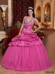 Halter Appliqued Rose Pink Senior Quinceanera Dresses with Pick Ups in Bridgeport
