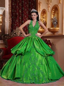 Apple Green Halter Appliqued Formal Quinceanera Gowns with Pick Ups in Albany