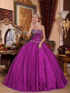 Fuchsia Strapless Ball Gown Tulle Quinceanera Dresses with Appliques in Durango