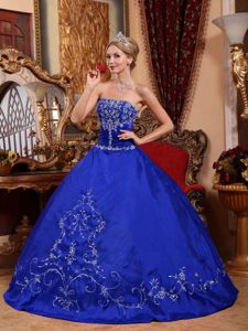 Strapless Navy Blue Floor Length Quinceanera Gowns with Embroidery in Denver