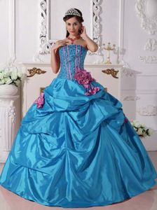 Teal Beaded Strapless Long Quinceanera Gown with Pick-ups and Flowers