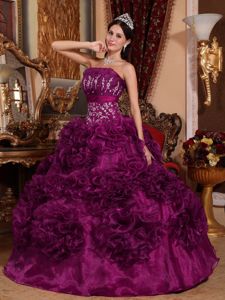 Fuchsia Appliqued Strapless Full-length Quince Dress with Rolling Flowers