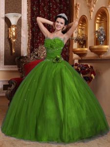 Olive Green Ruffled Sweetheart Long Dresses For Quinceanera with Flower
