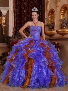Colorful Strapless Floor-length Quinceanera Dress with Beading and Ruffles