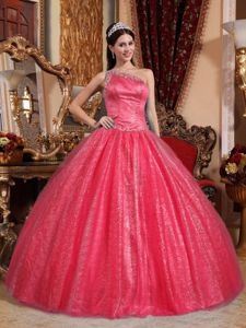 Coral Red Beaded One Shoulder Long Sweet Sixteen Dress in Des Plaines