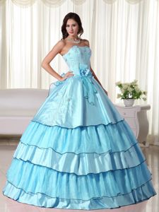 Baby Blue Beaded Strapless Floor-length Sweet Sixteen Dress with Flowers