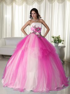 White and Hot Pink Strapless Long Dress For Quinceanera with Appliques