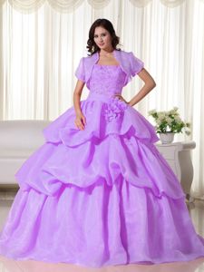 Pretty Lilac Beaded Strapless Long Quince Dress with Flowers and Pick-ups