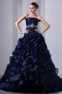 Elegant Navy Blue Lace-up Beaded Brush Quinceanera Gowns with Ruffles